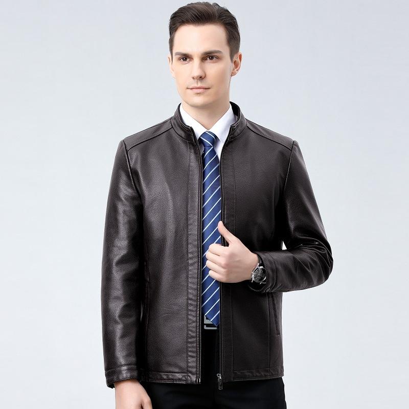 New Autumn and Winter Sheepskin Leather Jacket for Men with Stand Collar, Young and Middle-aged Casual Dad Jacket, Motorcycle Leather Jacket