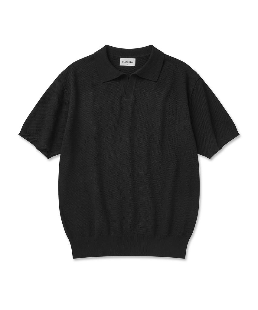 CUZNELLO Cool Cotton Open Collar Short Sleeve Knit_Black