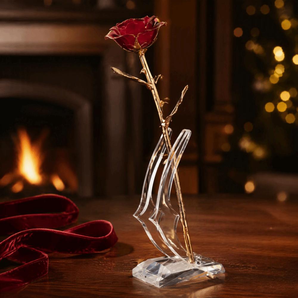 Transparent Stand Artificial Rose Display Gold Rose Collection For Collection Display