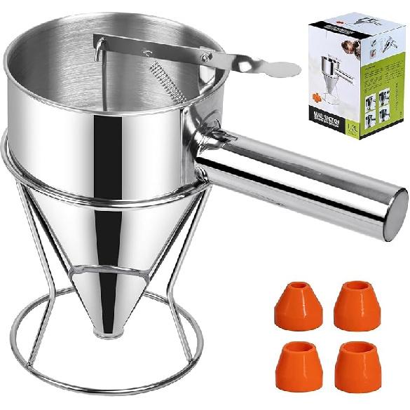 20 OZ Multifunktionaler Pfannkuchenteigspender, Mehrkalibriger Edelstahl-Trichterkuchenspender mit Ständer Großartig für Pfannkuchen, Cupcakes, Schokolade