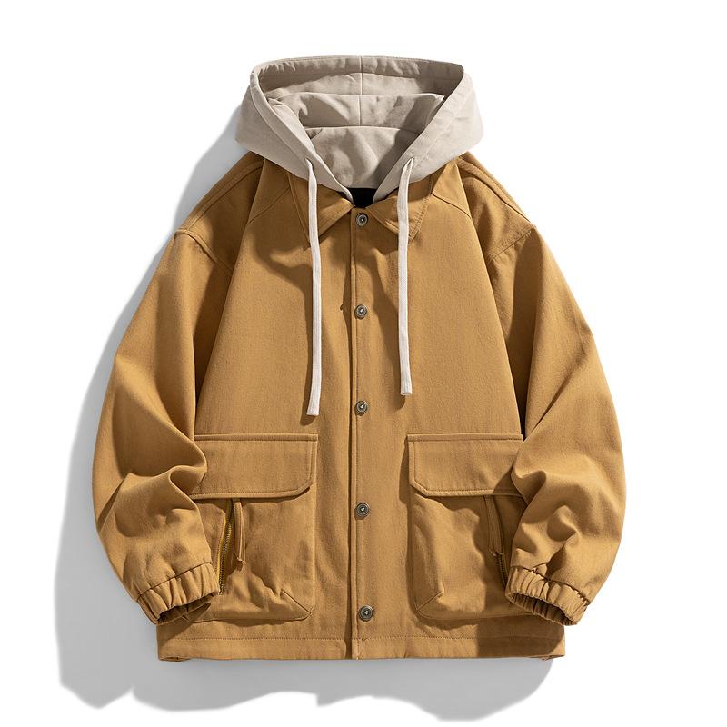 Spring And Autumn New Fake Two Piece Jacket Hooded Jacket Men'S Baseball Jacket Trendy Brand Versatile Casual Loose Work Jacket