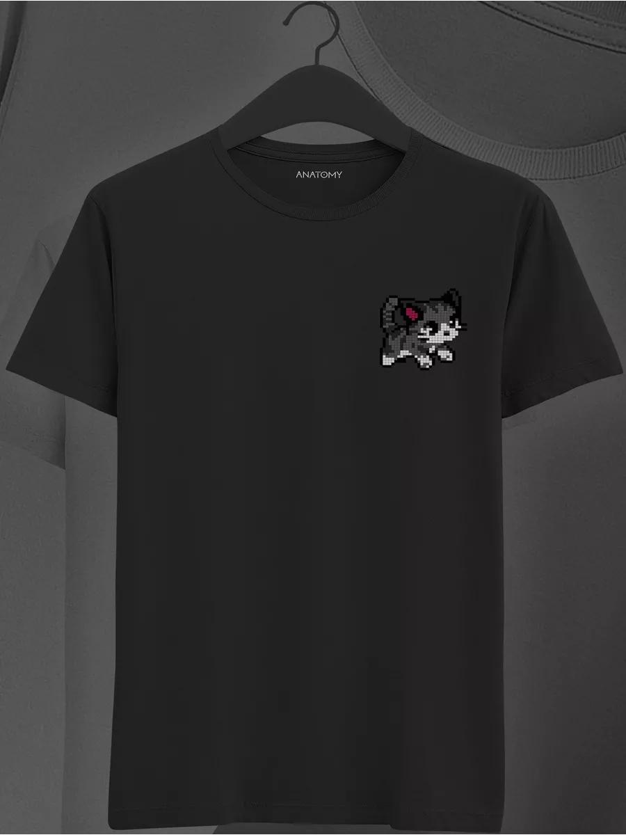 Black cotton T-shirt with cat print L
