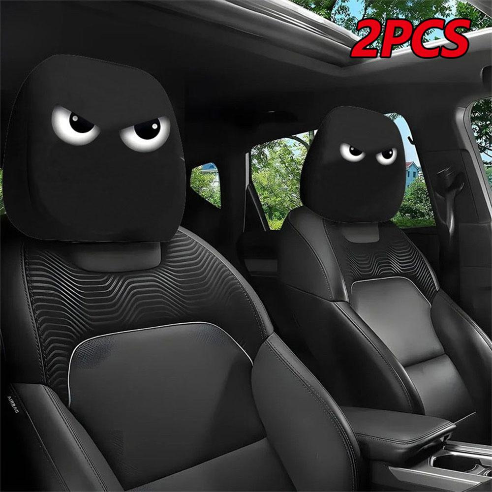 2PCS Funny Slanted Eyes Cartoon Print Car Pillowcase Cover Soft Comfortable Automobile Auto Seat Headrest Washable Fabric