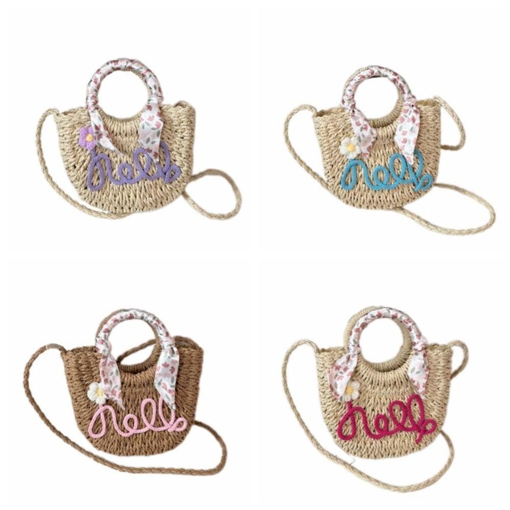 Moon Shaped Woven Underarm Bag Ribbon Knitted Shoulder Bag Fashion Beach Straw Bag  Travel
