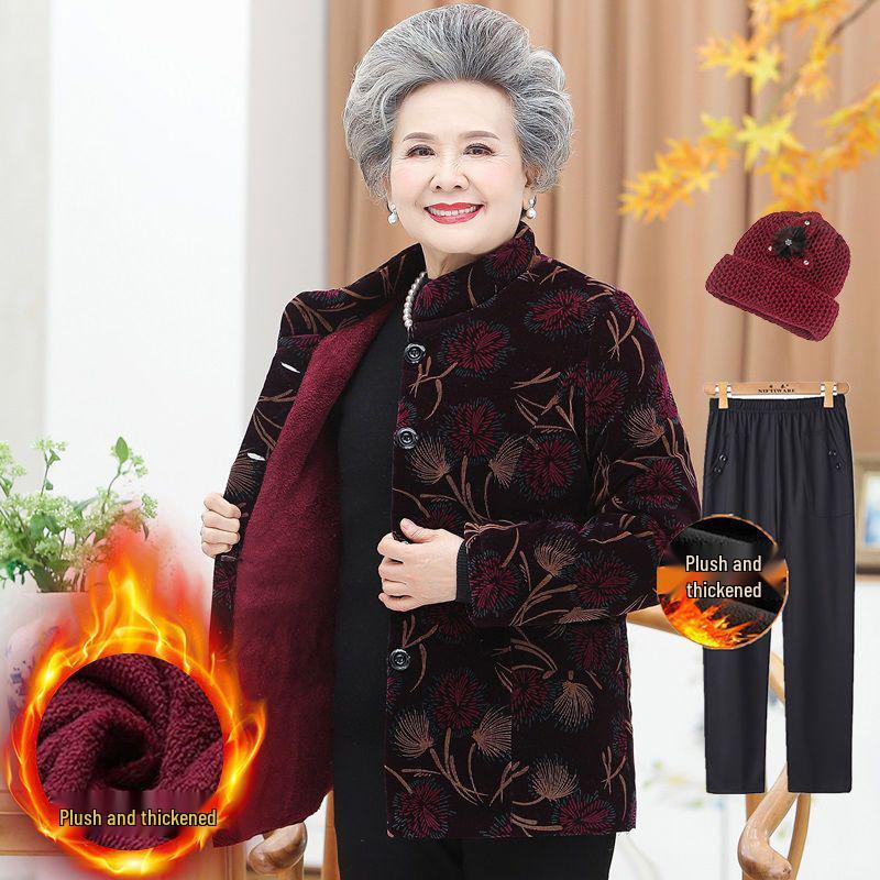 Fleece-Lined Winter Jacket for Middle-Aged and Elderly Women: Grandma Style, Thickened Cotton, Two-Piece Set (Top and Jacket).