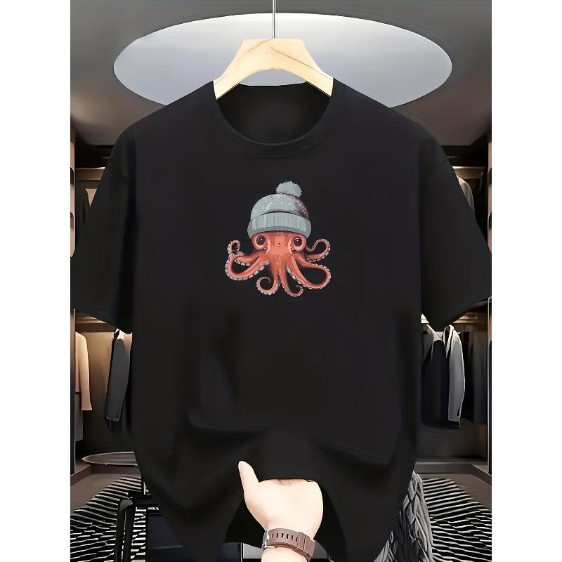 

Men S Casual Short Sleeve T-Shirt - Summer Round Neck Tee, Random Cute Squid Design, Machine Washable 4XL чорний