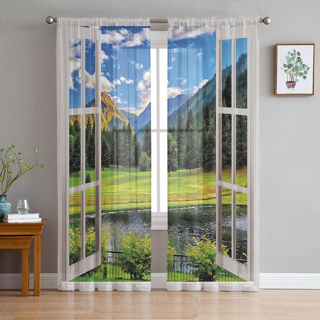 Window Views Cherry Blossoms River Sheer Curtains For Living Room Bedroom Kitchen Chiffon Tulle Curtains Home Hotel Coffee Decor