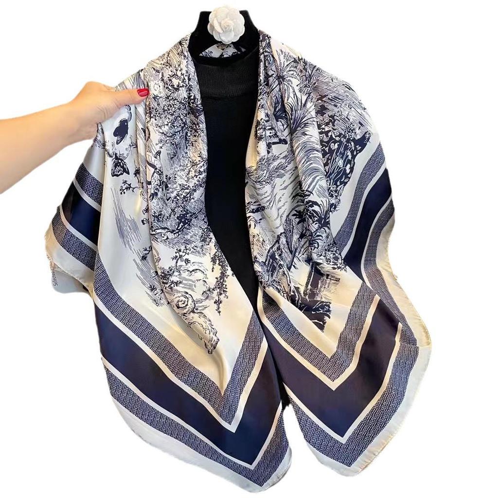 110cm Versatile Women’s Imitation Silk Scarf - Large, Printed, Decorative, Sunscreen Shawl