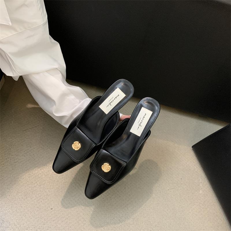 Baotou Half Slippers Women's Summer Wear 2025 New Fashion Camellia One Pedal Pointed Head Low Heel Sandals Non-slip