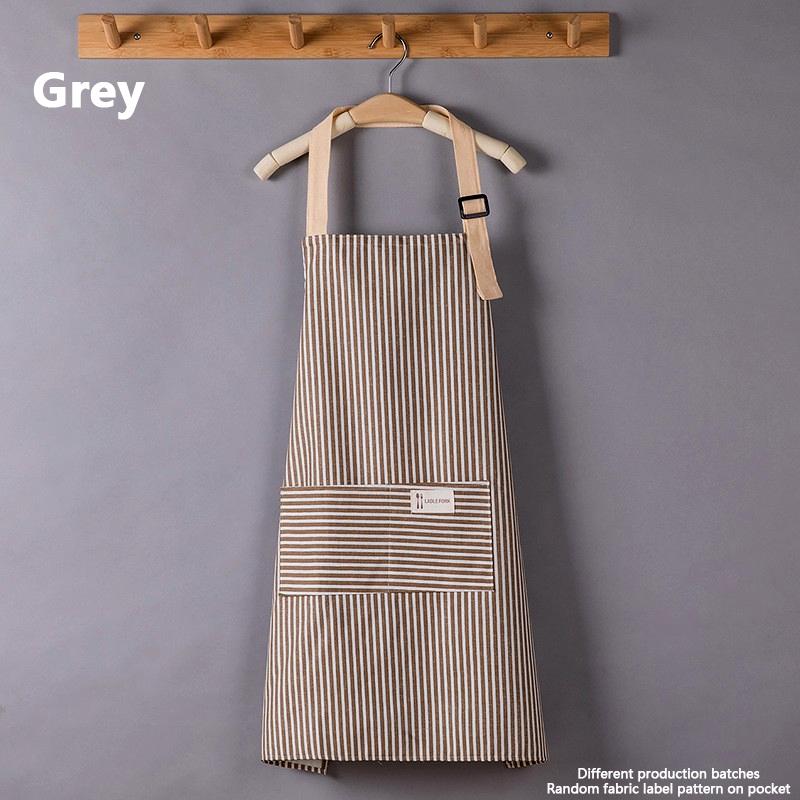Breathable And Fashionable Apron With Cotton And Linen Stripes Restaurant Home Kitchen Apron Double Pocket Storage Cooking Apron серый