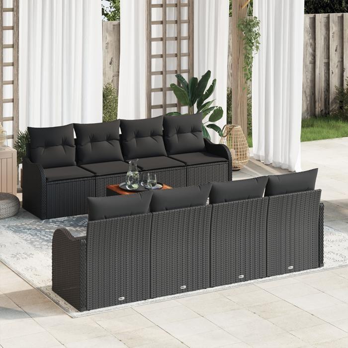 Set de canapé de jardin 9 pièces avec coussins noir poly rotin acacia, Canapé de jardin 2 places avec coussins noir poly 3347429