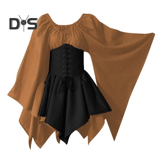 Women Long Sleeves Dress Medieval Vintage Fairy Elf Costume Bell Sleeve Retro Waist Cinching Patchwork Dress for Halloween Cosplay