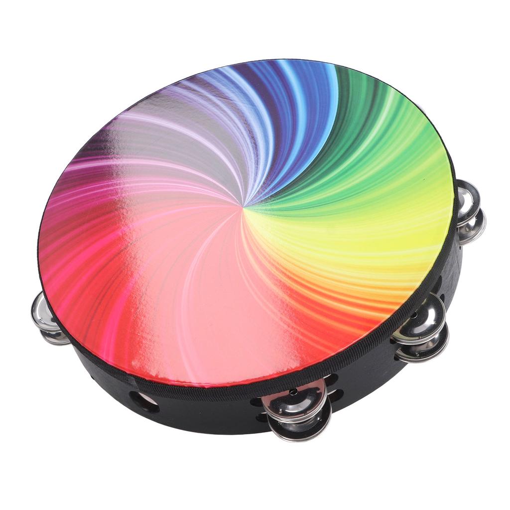 Handheld Tambourine 10 Inch Double Layer Bell Piece Solid Wood and PET Hand Held Drum Colorful