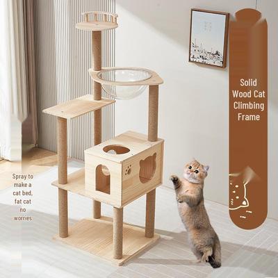 Solid Wood Cat Tree with Space Capsule and Jumping Board