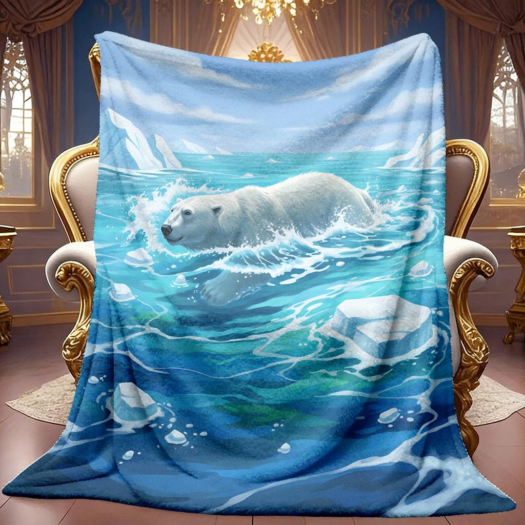 1pc 2D Polar Bear Swimming in Ice Sea Theme Pattern Flannel Blanket, Soft HD Digital Print, Cooling Blanket Suitable for All Seasons! Soft And Breatha