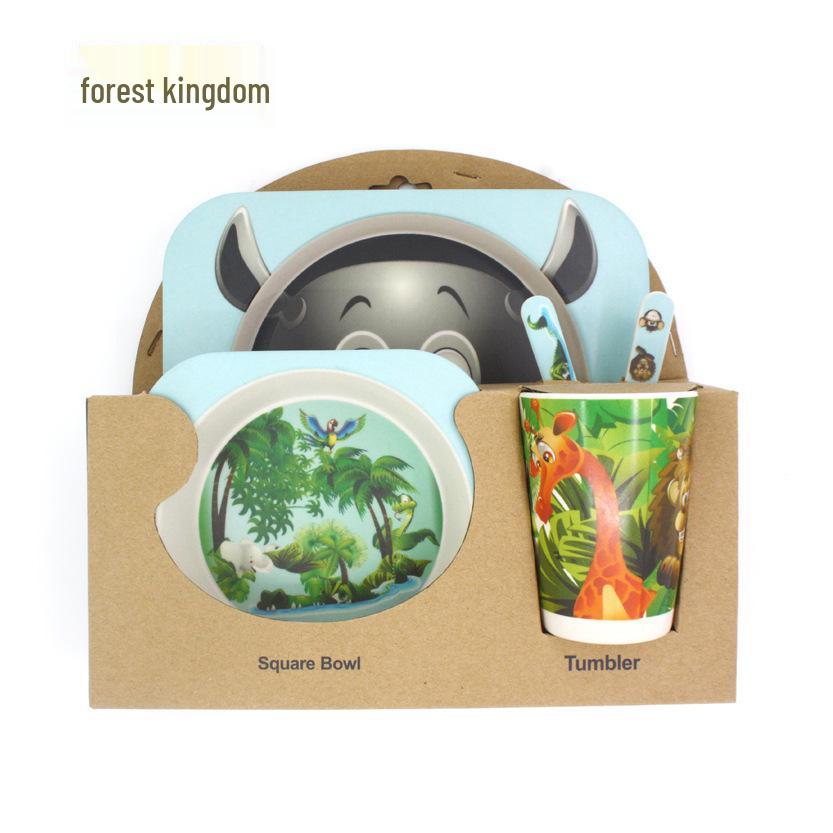 Kreativní dětská jídelní sada z bambusového vlákna - Pěti dílný kreslený design pro děti.