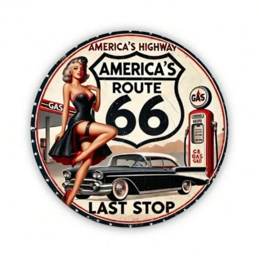 Vintage Route 66 Metal Tin Sign Pinup Girl Classic Car Wall Art Bar Cafe Decor