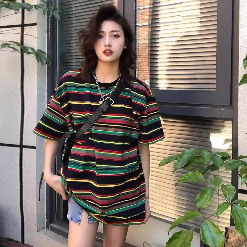 Rainbow Striped T-shirt Women's Summer Loose Contrasting Round Neck Versatile Shoulder Top