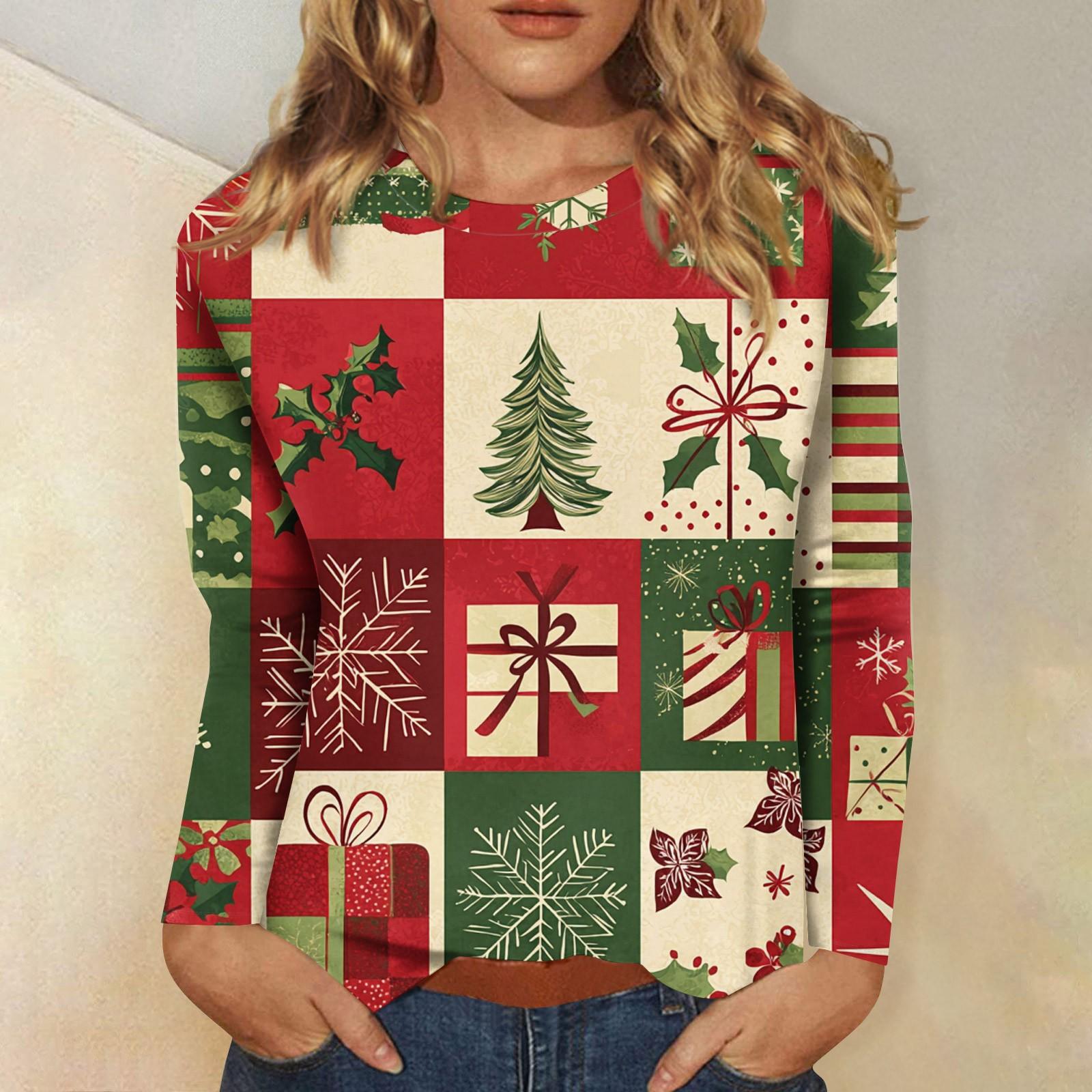 

Женский модный повседневный топ с длинными рукавами и рождественским принтом с круглым вырезом Топ с длинными рукавами XXXXL красный