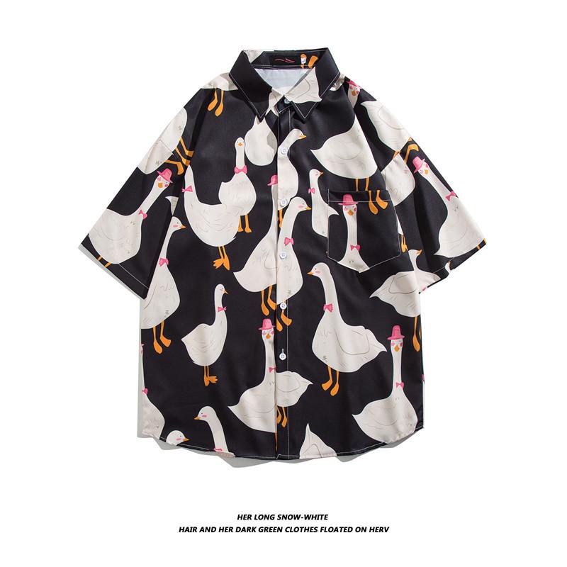 

Мужская рубашка в стиле ретро с рисунком в японском стиле Харадзюку — с короткими рукавами, свободного кроя, для лета M чёрный