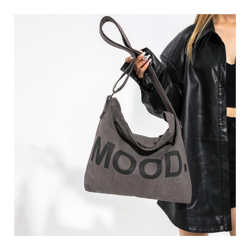Canvas Bag Women Shoulder Crossbody Bag Letter Print Cloth Bag College Student Class Tutoring Artistic Minimalist Large Capacity