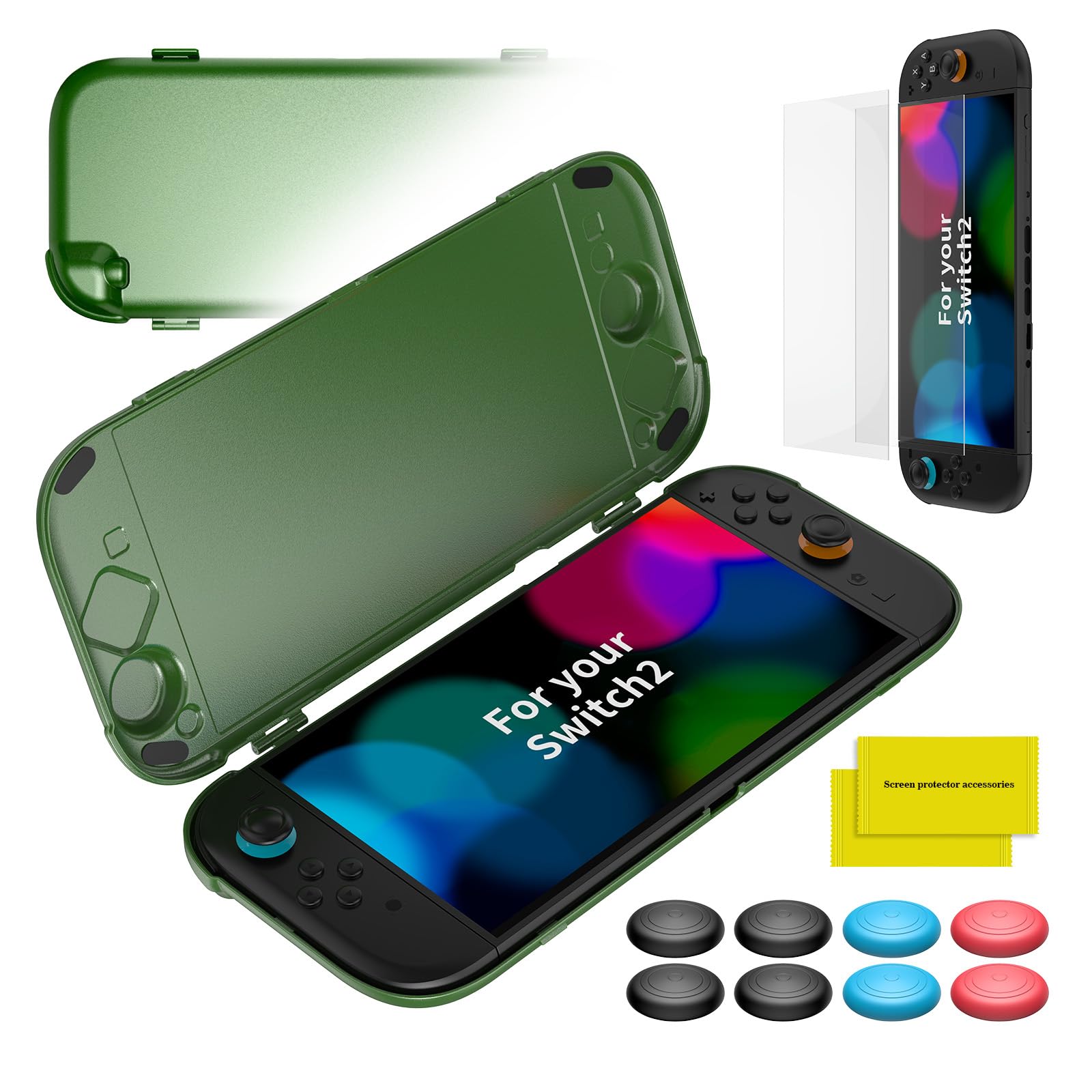

Зеленый жесткий чехол из ТПУ для Nintendo Switch 2, включает 2 защитных стекла, чистящую салфетку и тонкий кейс для переноски с 8 цветными накладками на стики (2025) – Протекторы, Комплект, Колпачки. зелёный