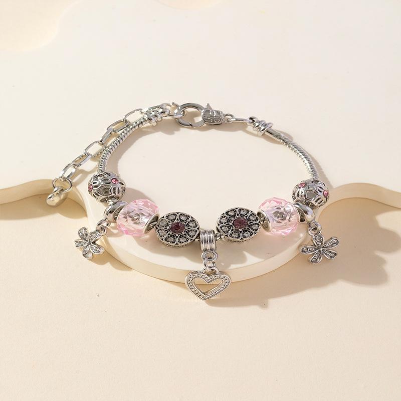 Pink Crystal Petal Heart Pendant And Glued Rhinestone Flower Charm Beaded Bracelet