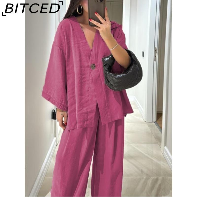 BITCED Women's Fashion Casual Set V-neck Single-Button Loose-Fit Long-Sleeve Top High-Waisted Trousers Two-Piece Set