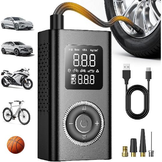 Tire Inflator Portable Air Compressor with Type-C Charging, Digital Pressure Gauge, LED Light, Smart Air Pump for Car, Motorcycle, Bike, Ball