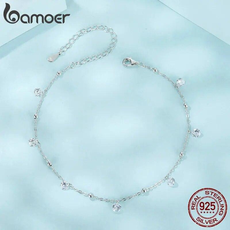 BAMOER Schillerndes Zirkonia-Fußkettchen 925 Sterling Silber Chian Armband für das Bein Weiblicher Fußschmuck für Frauen Beinkette Edler Schmuck
