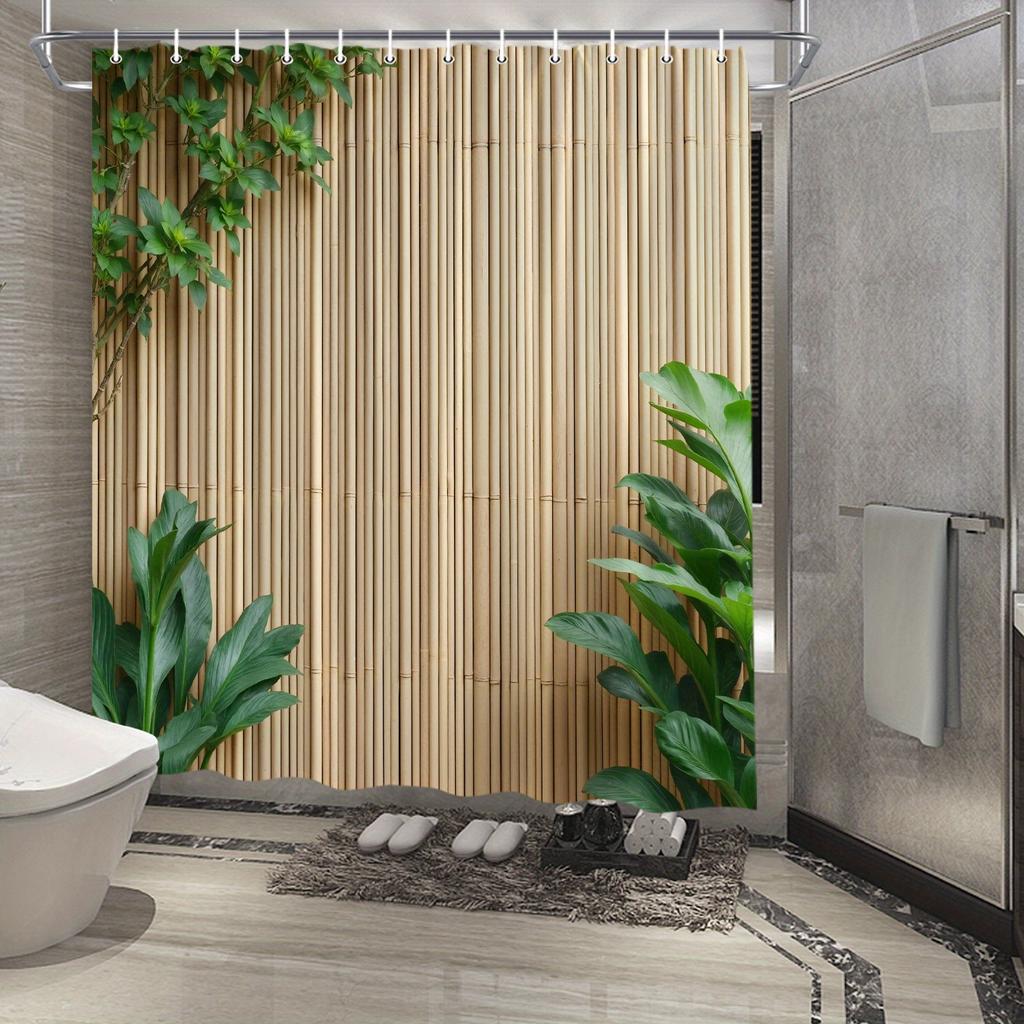 Cortină de duș pentru grădină tropicală - Gard de bambus, Foliș verde luxuriant, Poliester, Decor senin pentru baie, Ambiantă naturală