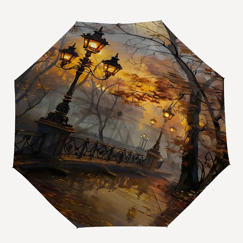 Lanterns, Autumnal Pathway Themed Automatic Opening and Closing Umbrella, Brightly Colored 8-rib Portable Umbrella, Suitable for Men and Wom