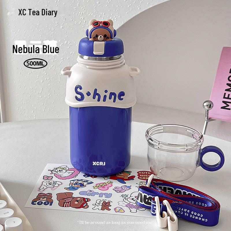 Compact Cartoon Kids' Stainless Steel Straw Thermos - Dual-Drink Design for Tea or Water