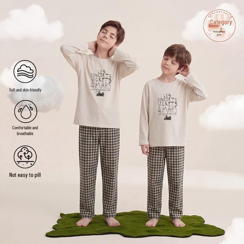 Boys' Long-Sleeve Pure Cotton Pajama Set for Spring, Summer, and Autumn - Ideal for Primary School-Aged Children.
