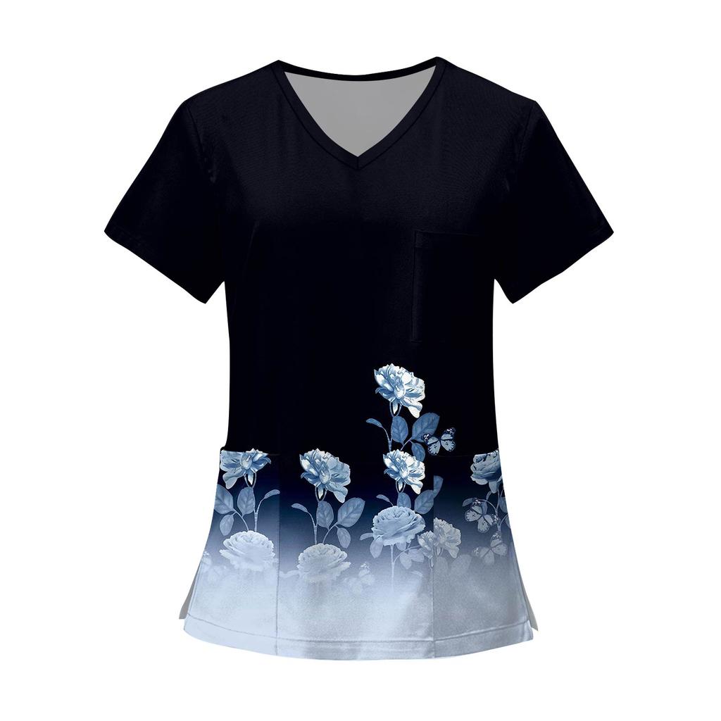 Kvinners mote trykt kortermet V-hals mønster Topper Pocket Working T-skjorter