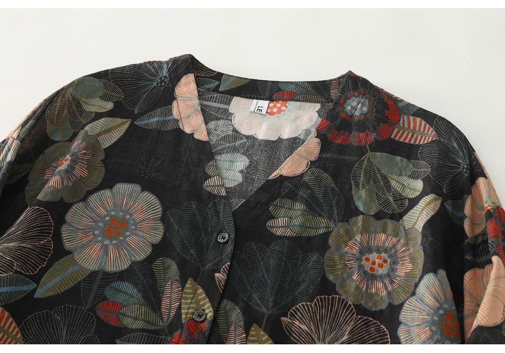 Autumn 2025 Artistic Retro Floral V-Neck Shirt: Cotton Linen, Age-Reducing, Plus Size, Casual