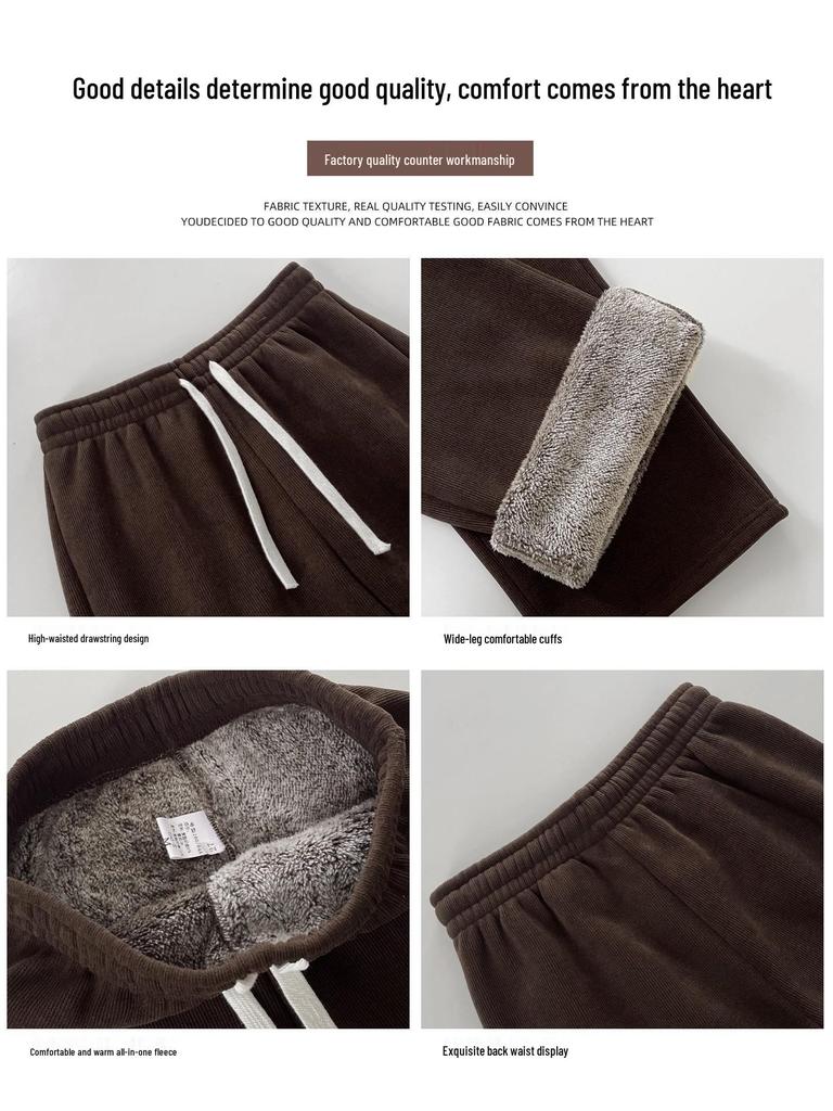 Women's High Waist Brown Velvet Corduroy Pants - Drape Wide Leg, Warm Lambswool Lining
