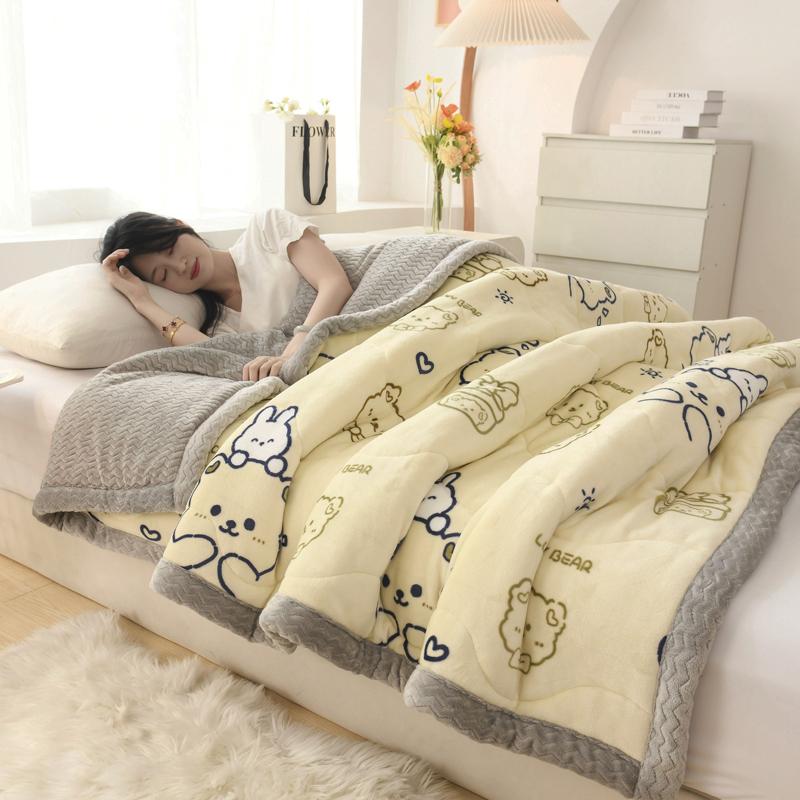 Thickened Warm Coral Fleece Winter Blanket for Bed Cartoon Bear Printed Double-layer Milk Velvet Blankets Double Plush Comforter