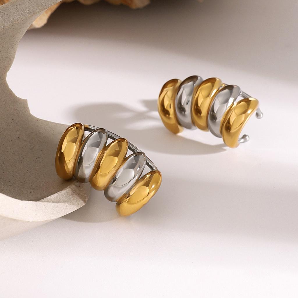 J&D Unique Design Stainless Steel Gold Plated Stud Earrings 18K Striped Hollow Women Earrings