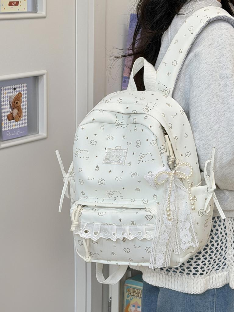 2 sizes of lace women's backpacks with beaded pendants Ins Cute Cartoon Printed school bags Sweet ladies travel mini backpack