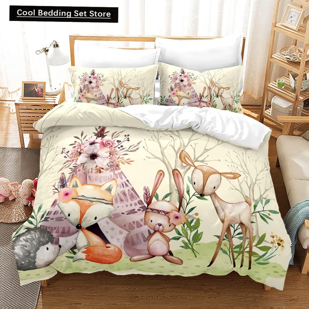 Kids Cartoon Animal Zebra Giraffe Fox Kangaroo King Queen Duvet Cover Boy Girl Rabbit Wildlife Bedding Set Polyester Quilt Cover