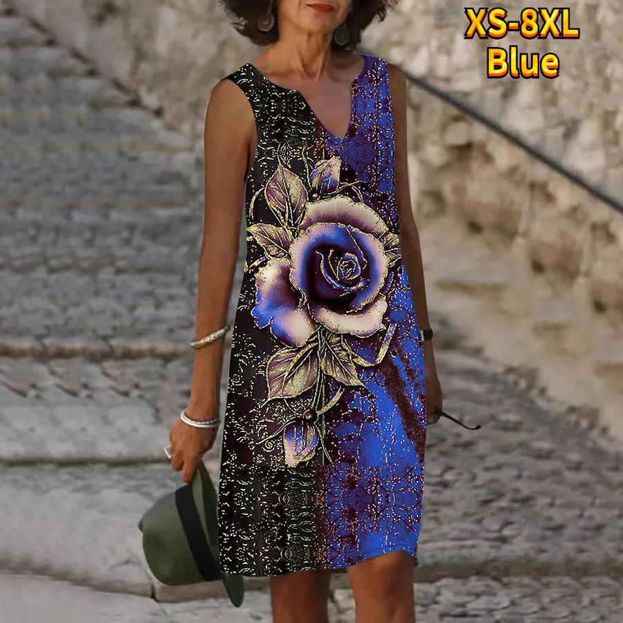 Women V Neck Summer The Sparkling Red Flower Print Dress Casual Sleeveless Fashion Casual Loose Sexy Dresses Plus Size XS-8XL