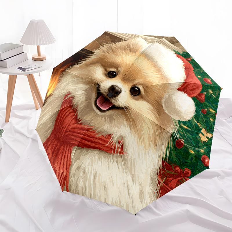 1 PC Automatic Folding Umbrella - Pomeranian Pattern, Portable & Foldable Design with 8 Ribs, Christmas Birthday Gifts