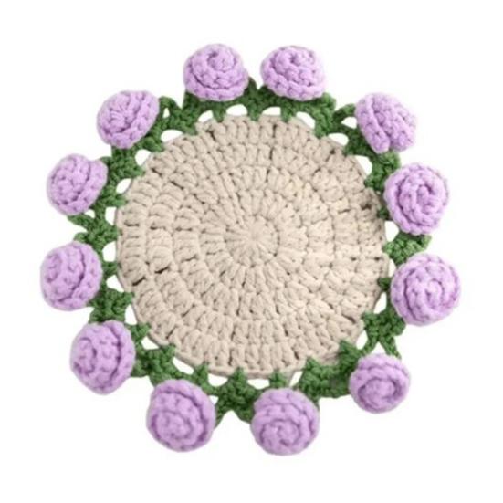 Crochet Flower Coasters Handmade Vintage Bouquet Knitted Rose Flower Decorative Coasters Anti-scald Table Mats Without Flower Pot