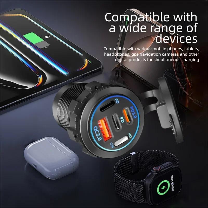 USB Car Charger 12/24V Dual Socket PD3.0 & QC3.0 Car USB Port with LED Voltmeter And On/Off Switch Auto Vehicle Charging Station