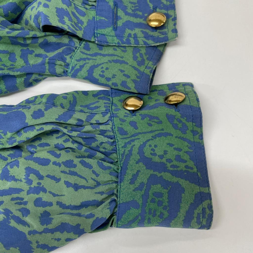 ESCADA 80's Green and Blue Leopard and White Tiger Silk Shirt tops 38 Blue greenUsed