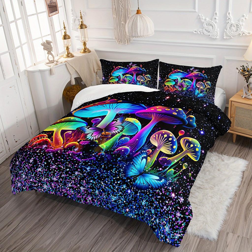 Mushroom Comforter Set Colorful Sparkle Natural Wild Fungus Bedding Set Botanical Plants Duvet Set Butterfly Comforter