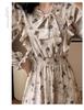 Korean Ruffle Print Chiffon Dress with Puff Sleeves