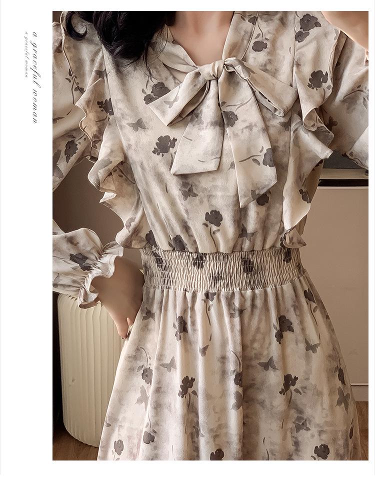 Korean Ruffle Print Chiffon Dress with Puff Sleeves