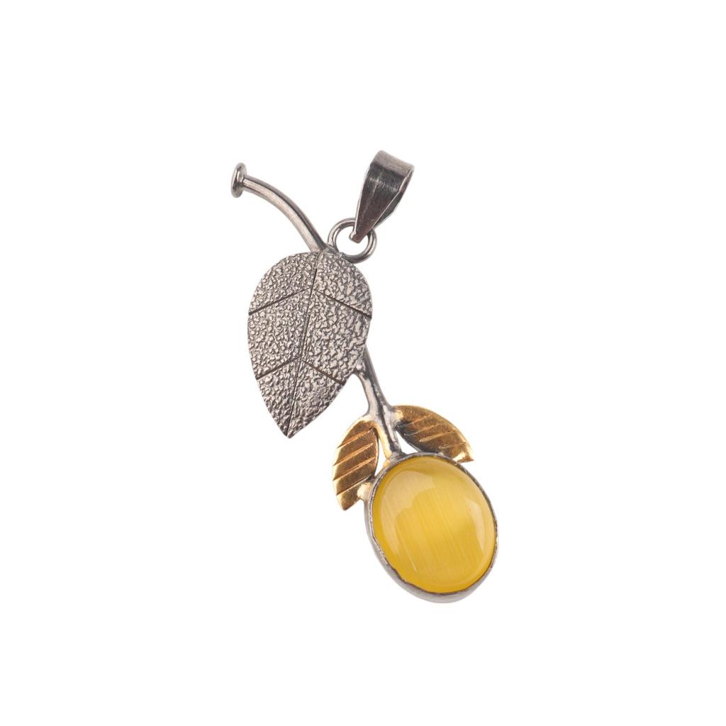 Women Gift Yellow Cat's Eye Gemstone 925 Sterling Silver Handmade Leaf Pendant PP-55-27